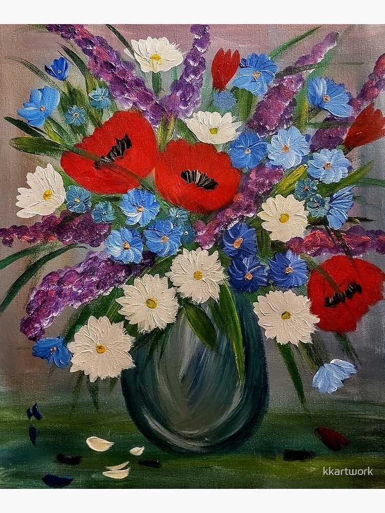 poppies and mixed flowers in turquoise metallic vase by kkartwork