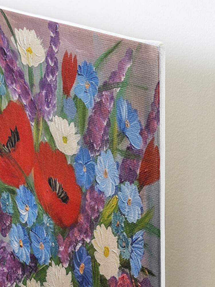 Alternate view of poppies and mixed flowers in turquoise metallic vase Mounted Print