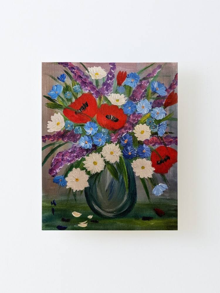Alternate view of poppies and mixed flowers in turquoise metallic vase Mounted Print