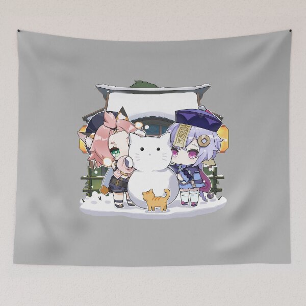 Item preview, Genshin Impact - Chibi Qiqi and Diona Making a Kitten Snowman - Official Artwork designed and sold by Krimsy.