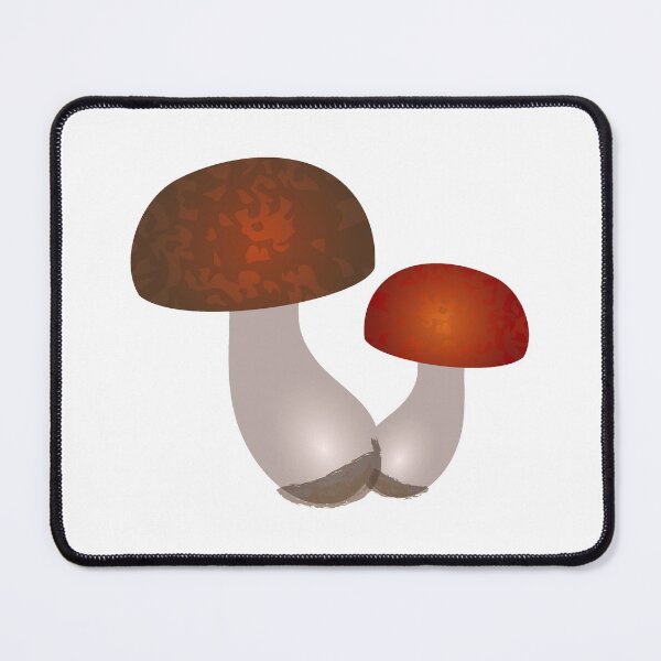 Item preview, Two flat art mushrooms with round spotted brown and red caps and white leg with black soil on its end isolated on white background designed and sold by InnaEvans.