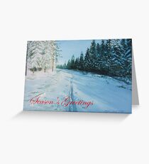 Ski Tracks Season's Greetings red text Greeting Card