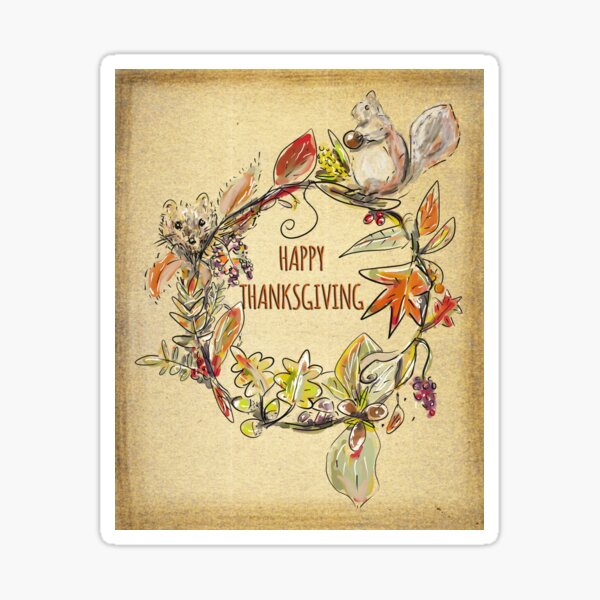 Happy Thanksgiving Woodland Wreath-Vintage-Effect Sticker