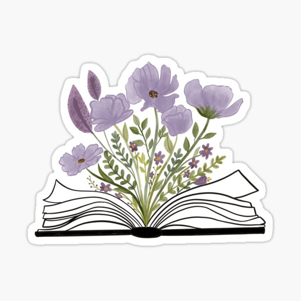 Watercolor Open Book with Florals Purple Flowers Sticker