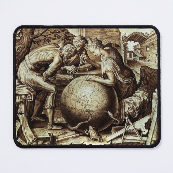 Item preview, ALLEGORY OF THE GEOMETRIA WITH GLOBE WORLD MAP Sepia Brown White Antique Etching designed and sold by BulganLumini.