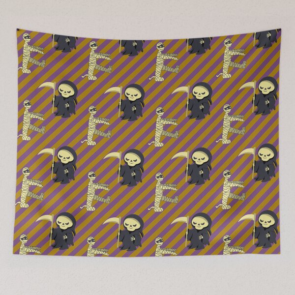 Item preview, Halloween Mummy and Grim Reaper Death on striped background designed and sold by CutieBlue.