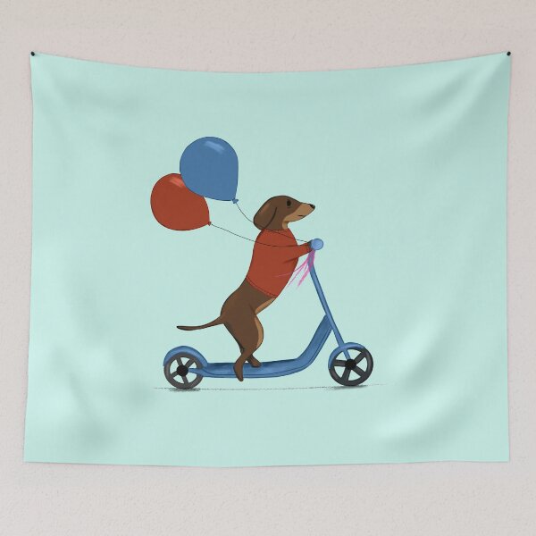 Item preview, Dachshund on Scooter with Balloons - Blue designed and sold by Kittys-Art.