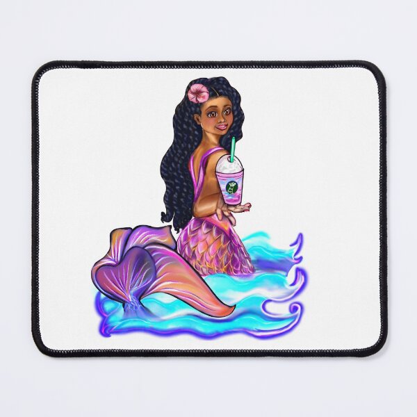 Item preview, Copy of Mermaid  with rainbow coloured colored iced coffee, fins, hibiscus, outstretched  arm, brown eyes, Curly hair  and caramel brown skin - light background designed and sold by Artonmytee.