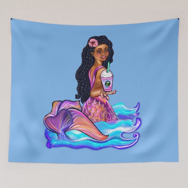 Item preview, Copy of Mermaid  with rainbow coloured colored iced coffee, fins, hibiscus, outstretched  arm, brown eyes, Curly hair  and caramel brown skin - light background designed and sold by Artonmytee.