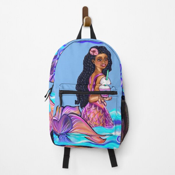 Item preview, Copy of Mermaid  with rainbow coloured colored iced coffee, fins, hibiscus, outstretched  arm, brown eyes, Curly hair  and caramel brown skin - light background designed and sold by Artonmytee.
