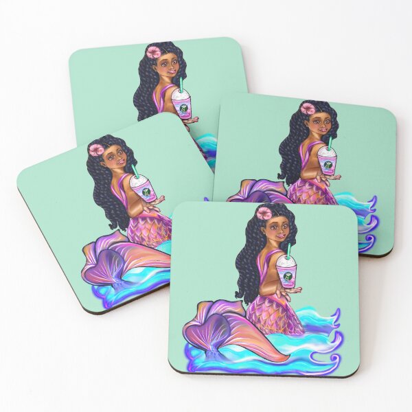 Item preview, Copy of Mermaid  with rainbow coloured colored iced coffee, fins, hibiscus, outstretched  arm, brown eyes, Curly hair  and caramel brown skin - light background designed and sold by Artonmytee.