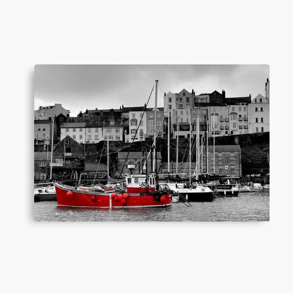 Tenby Harbour Red Boat BW Red Canvas Print