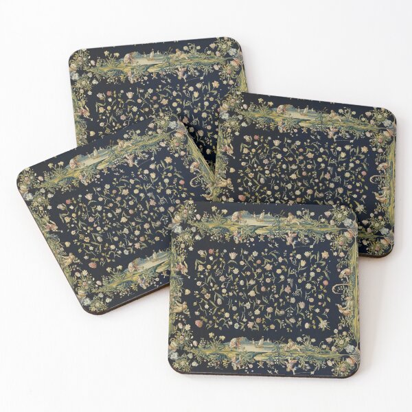 Item preview, Four Elements and Strewn Flowers Antique Floral Tapestry in Blue Indigo designed and sold by BulganLumini.