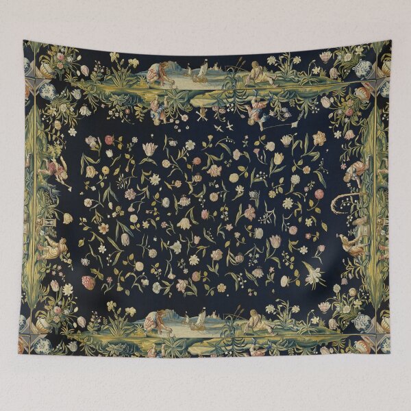Item preview, Four Elements and Strewn Flowers Antique Floral Tapestry in Blue Indigo designed and sold by BulganLumini.