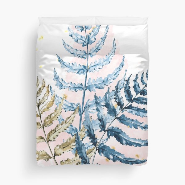 Watercolor Blue and Gold Ferns Duvet Cover