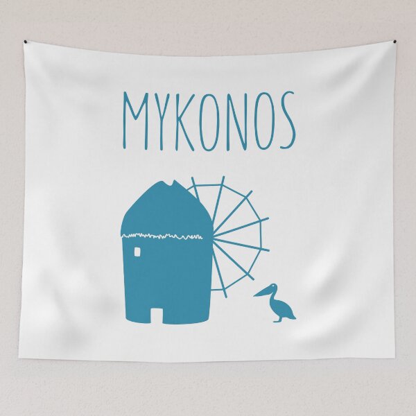 Item preview, Mykonos, Greece: Iconic Windmill & Petros the Pelican designed and sold by Happy Puppy Print On Demand.
