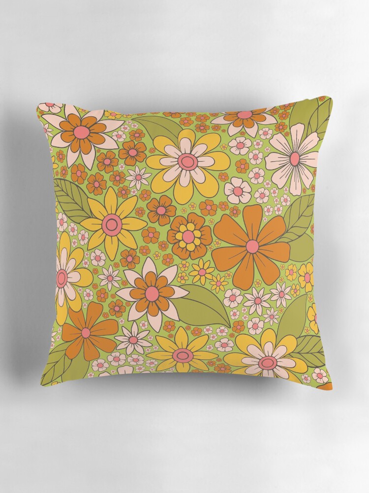 Thumbnail 3 of 4, Pillow, 1960s, 1970s Retro Floral in Green, Pink & Orange - Flower Power designed and sold by somecallmebeth.