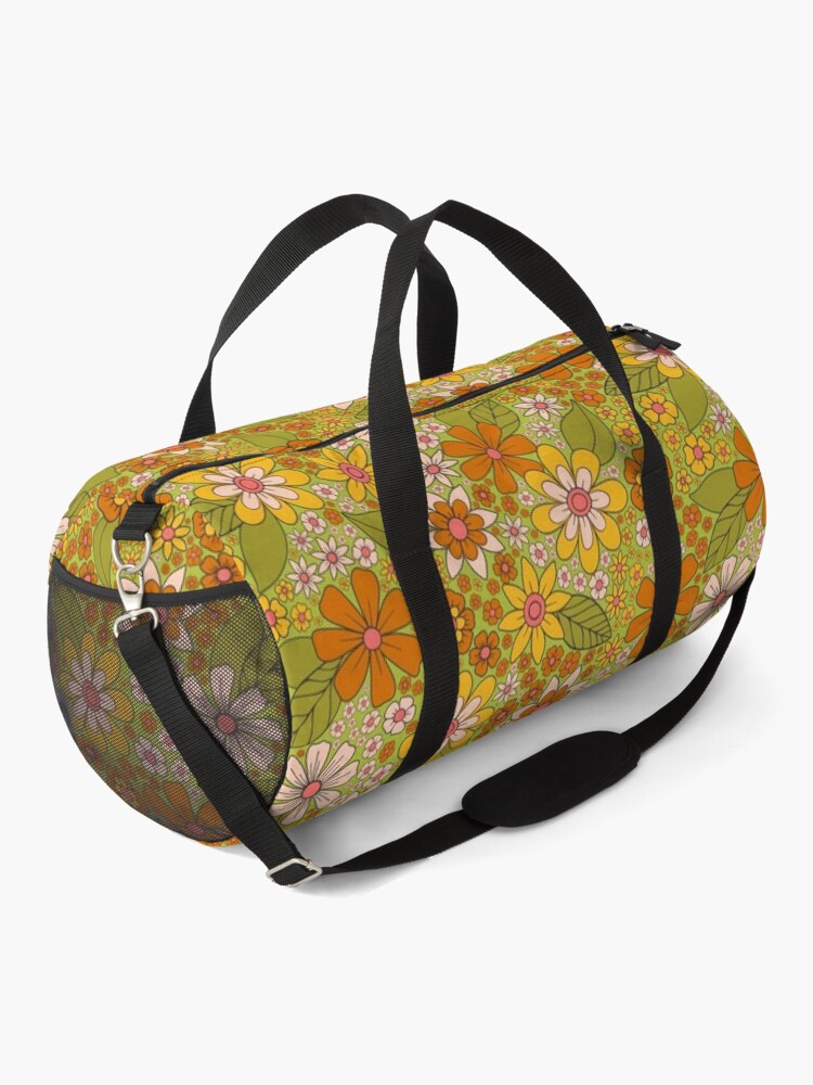 Alternate view of 1960s, 1970s Retro Floral in Green, Pink & Orange - Flower Power Duffle Bag