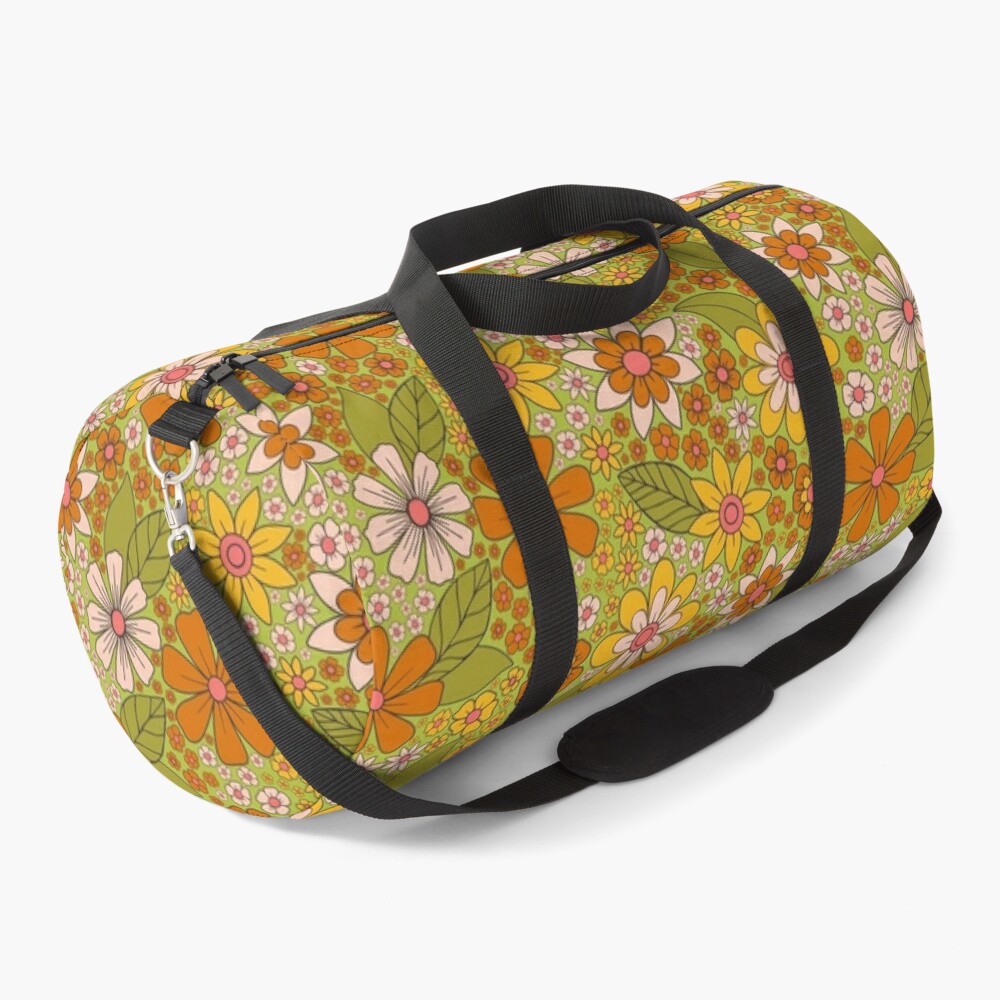 1960s, 1970s Retro Floral in Green, Pink & Orange - Flower Power Duffle Bag