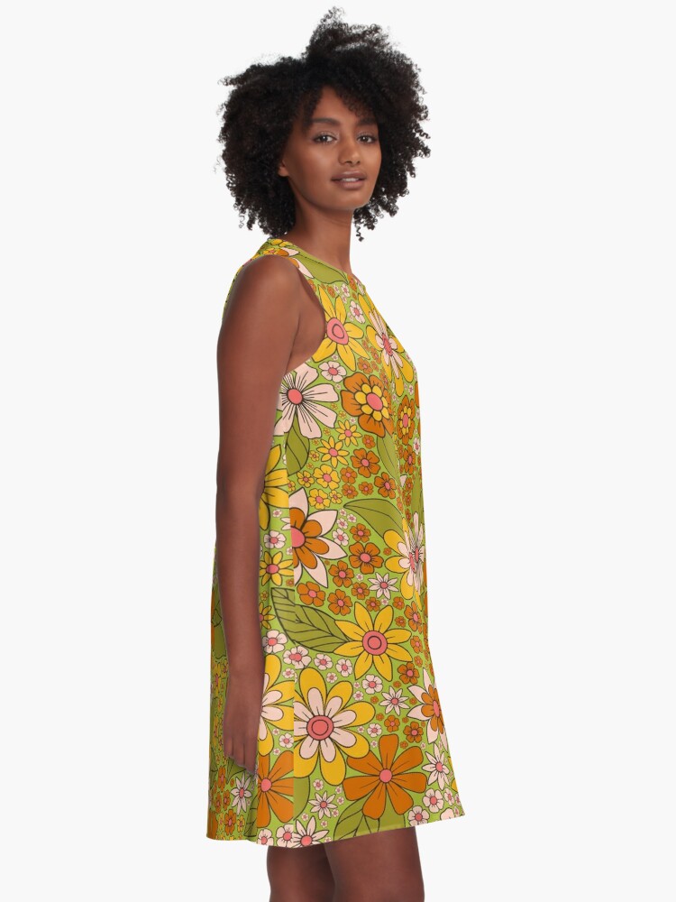 Alternate view of 1960s, 1970s Retro Floral in Green, Pink & Orange - Flower Power A-Line Dress