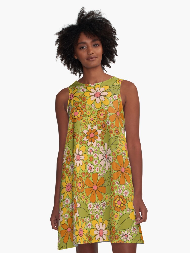 1960s, 1970s Retro Floral in Green, Pink & Orange - Flower Power\