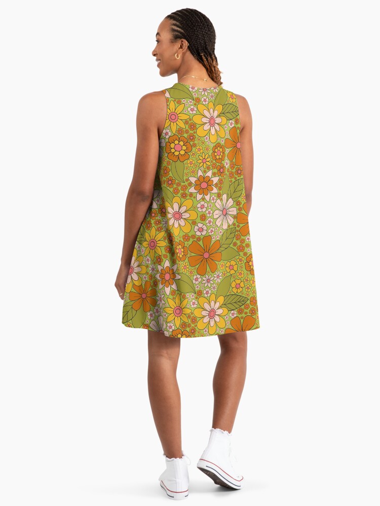 1960s, 1970s Retro Floral In Green, Pink & Orange - Flower Power 1960s A-Line Dress 1960s, 1970s Retro Floral In Green, Pink & Orange - Flower Power 1960s A-Line Dress