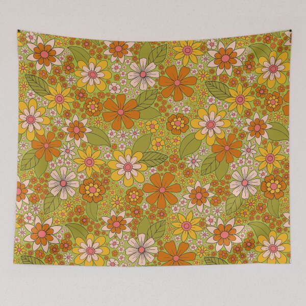 Item preview, 1960s, 1970s Retro Floral in Green, Pink & Orange - Flower Power designed and sold by somecallmebeth.