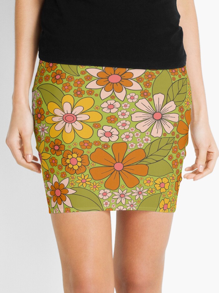 1960s, 1970s Retro Floral in Green, Pink & Orange - Flower Power