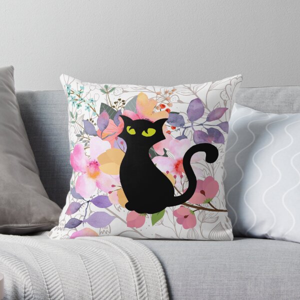 black cat and flower background Throw Pillow