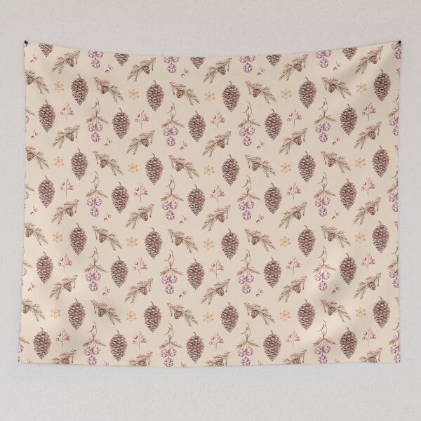 Item preview, Christmas decorations with cones in vintage style (on beige) designed and sold by Flowersforbear.