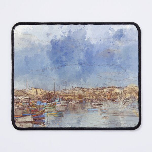 Item preview, Picturesque Fishing Harbor of Marsaxlokk - Malta - Line and Wash Drawing designed and sold by Retro Art Factory.