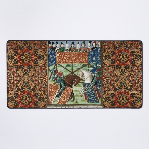 Item preview, MEDIEVAL TOURNAMENT, FIGHTING KNIGHTS HORSEBACK ,DAMSELS RED YELLOW FLORAL designed and sold by BulganLumini.