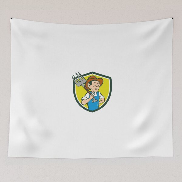 Item preview, Farmer Holding Pitchfork Shoulder Crest Cartoon designed and sold by patrimonio.
