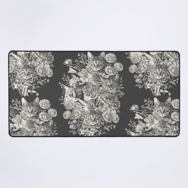 spooked surprise cat flower bouquet engraving-charcoal Desk Mat