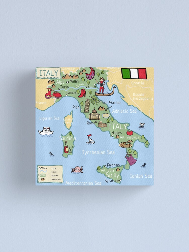 Italy Cartoon Map Canvas Print