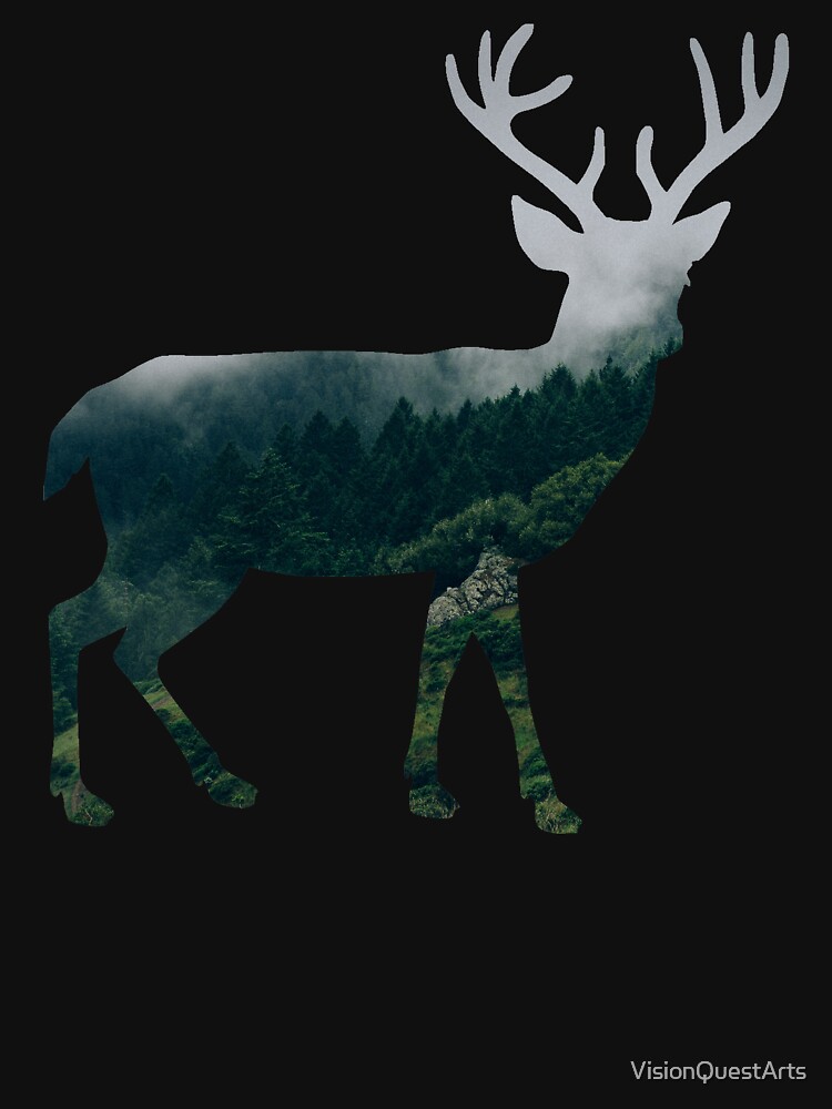 Thumbnail 7 of 7, Classic T-Shirt, Buck Deer with Misty Evergreen Forest Woods Silhouette - Spirit of the Wild . designed and sold by VisionQuestArts.