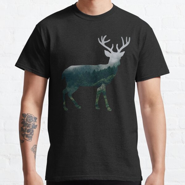 Buck Deer with Misty Evergreen Forest Woods Silhouette - Spirit of the Wild .  Classic T-Shirt
