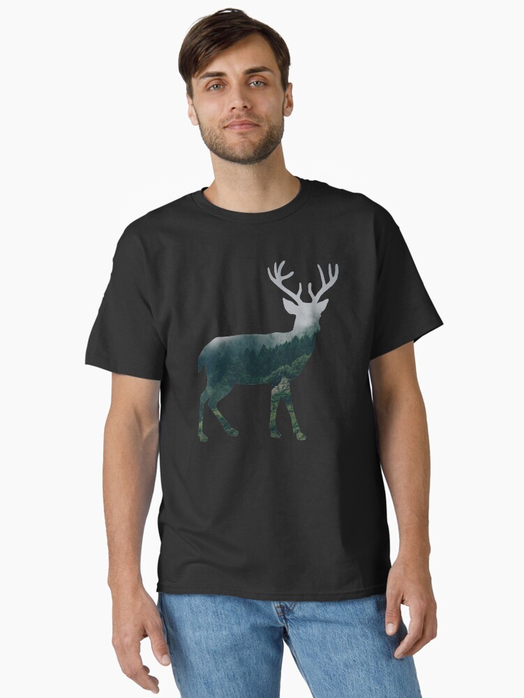 Thumbnail 1 of 7, Classic T-Shirt, Buck Deer with Misty Evergreen Forest Woods Silhouette - Spirit of the Wild . designed and sold by VisionQuestArts.