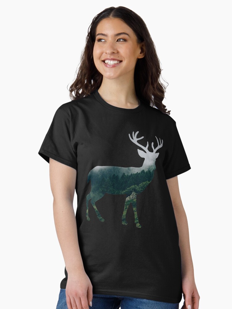 Thumbnail 2 of 7, Classic T-Shirt, Buck Deer with Misty Evergreen Forest Woods Silhouette - Spirit of the Wild . designed and sold by VisionQuestArts.