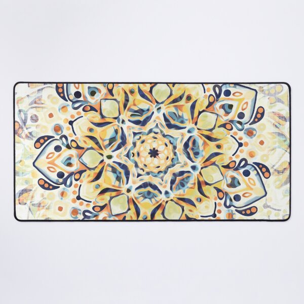 Stained Glass Mandala - Mustard Yellow & Navy Desk Mat