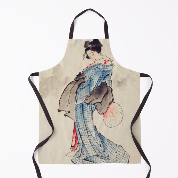 Item preview, Woman, Full-Length Portrait, Standing, Facing Left, Holding Fan in Right Hand, Wearing Kimono with Check Design - Japanese Art  designed and sold by TSLAB.
