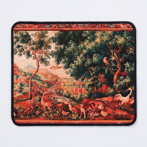 Item preview, WILD ANIMALS, BIRDS AND WATERFALLS IN WOODLAND Picturesque Flemish Tapestry in Antique Red Green  designed and sold by BulganLumini.