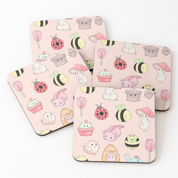 Item preview, Kawaii cartoon characters set -- axolotl, mushrooms, carrot, bunny, ladybug, tulip, bees, bird, plants, watering can designed and sold by MagicStrawberry.