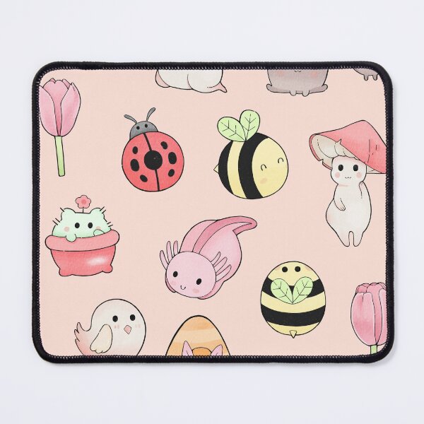Item preview, Kawaii cartoon characters set -- axolotl, mushrooms, carrot, bunny, ladybug, tulip, bees, bird, plants, watering can designed and sold by MagicStrawberry.