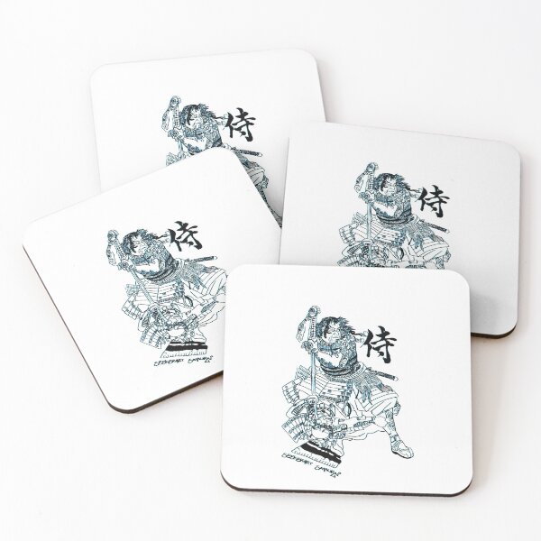 Item preview, Samurai Design LinoPrint - Swordman in duel. Black with blue line art designed and sold by SeekerArt.