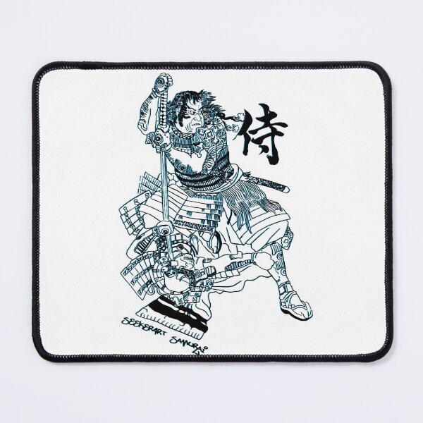 Item preview, Samurai Design LinoPrint - Swordman in duel. Black with blue line art designed and sold by SeekerArt.