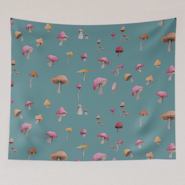 Item preview, simple red and orange mushroom pattern (blue background) designed and sold by -Lily-Anne-.