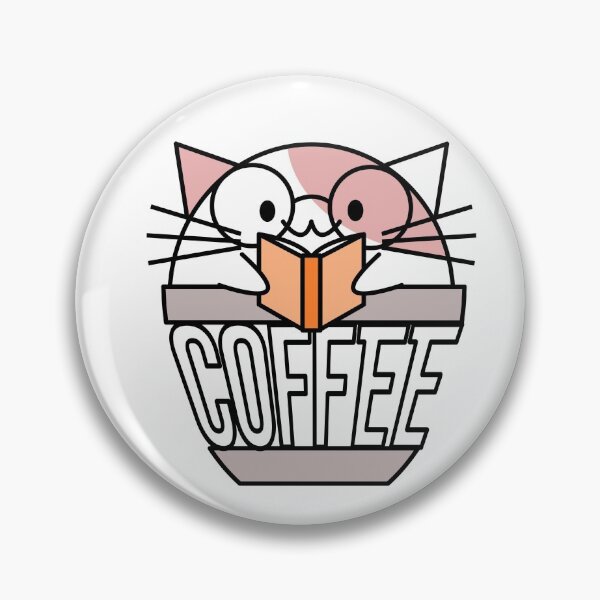 Aperçu de l'œuvre Chat dans une tasse à café avec un livre de lecture de texte déformé portant des lunettes blanches et roses créée et vendue par CoffeewithKitty.