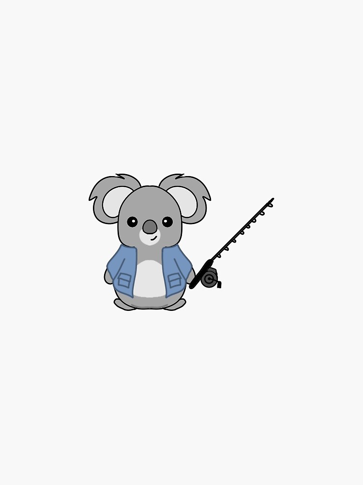 Cute Koala with smile, blue jacket, and a fishing pole Sticker for Sale by  pieces2treasure