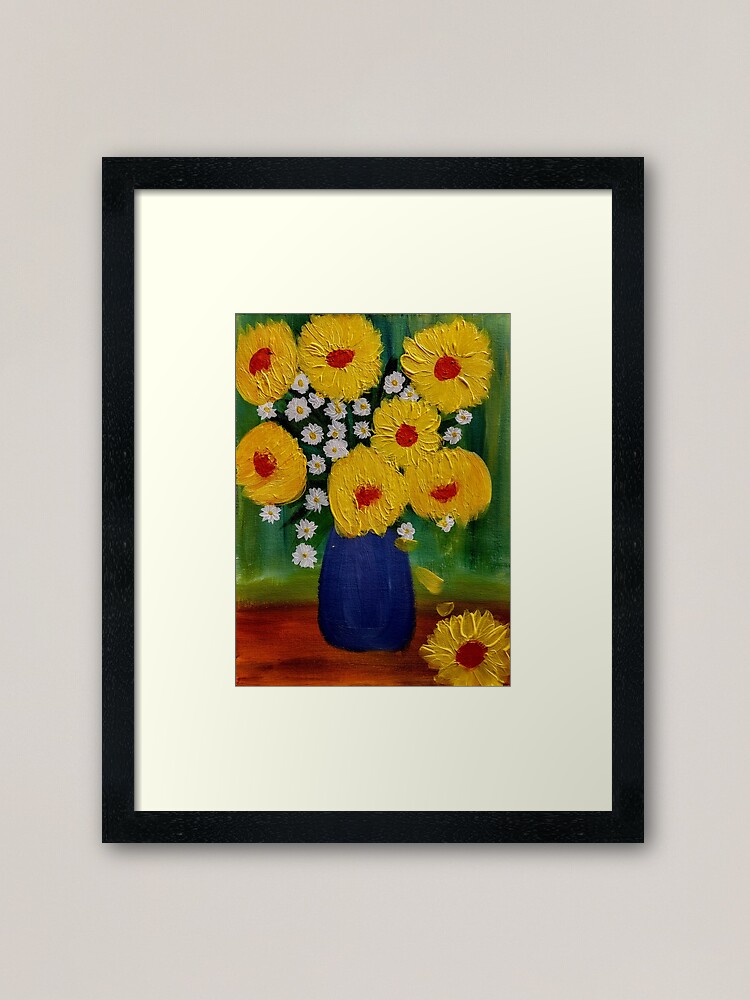 Alternate view of some beautiful sunflowers in a blue vase Framed Art Print
